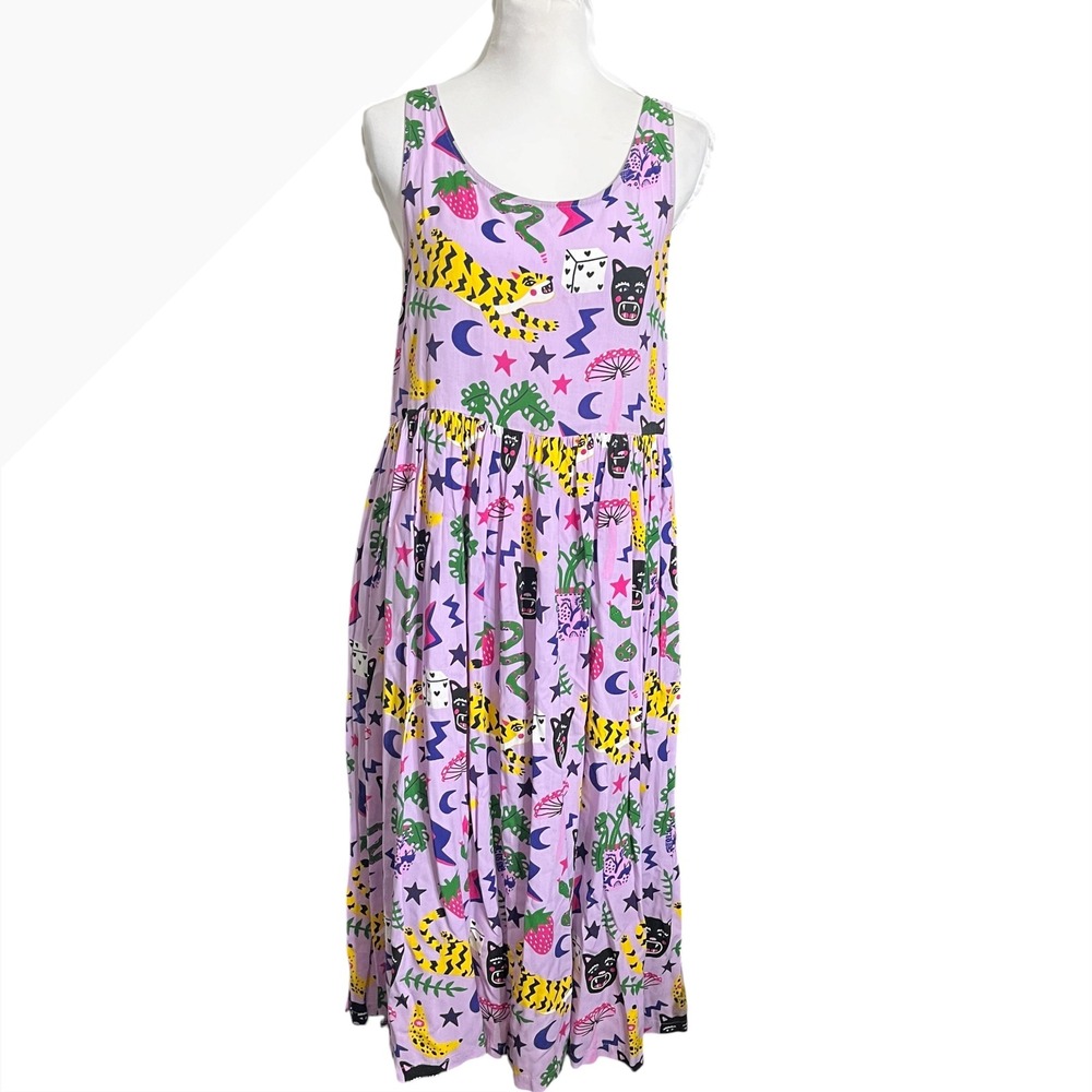 Nooworks Naomi Dress Hasting Print Purple Retro Rayon Midi Sleeveless Medium - Picture 2 of 9